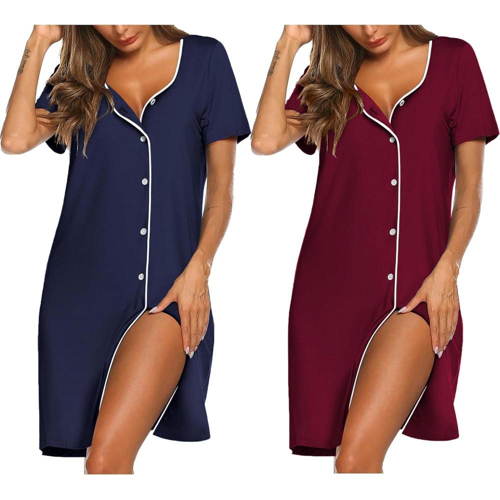 imageEkouaer Nightgowns for Women 2 Pack Button Down Sleepshirt Short Sleeve Nightshirt Soft Sleepwear V Neck Pajama DressNavyRed
