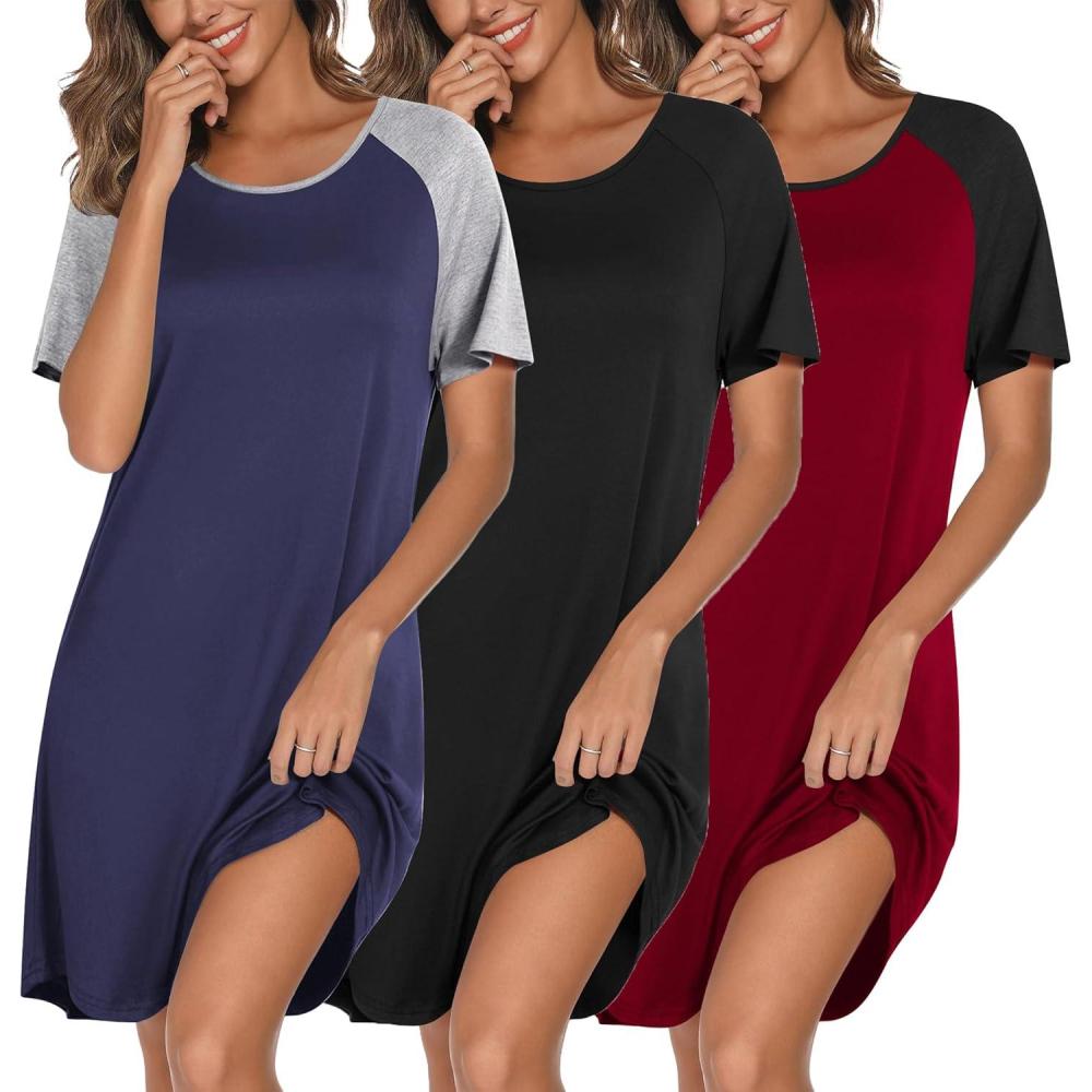 imageEkouaer Nightgowns for Women Cotton Night Gown 3 Pack Sleep Shirts Short Sleeve Nightshirt Soft Sleepwear NightdressBlackNavy BlueWine Red