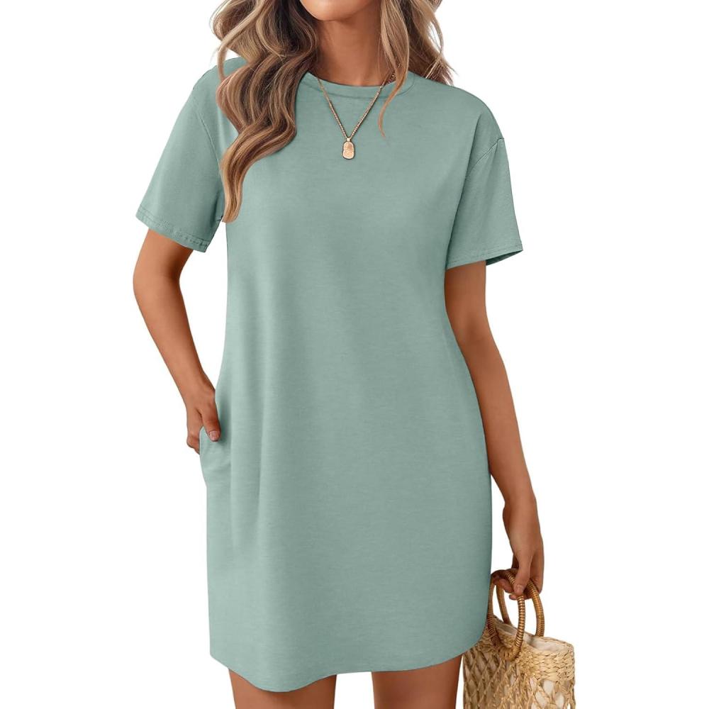 imageEkouaer Nightgowns for Women Cotton Sleep Shirts Tshirt Nightshirt Casual Sleepdress Pullover Dress with Pockets S3XLLight Green