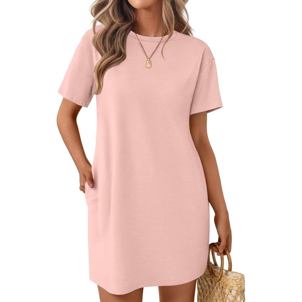 imageEkouaer Nightgowns for Women Cotton Sleep Shirts Tshirt Nightshirt Casual Sleepdress Pullover Dress with Pockets S3XLLight Pink