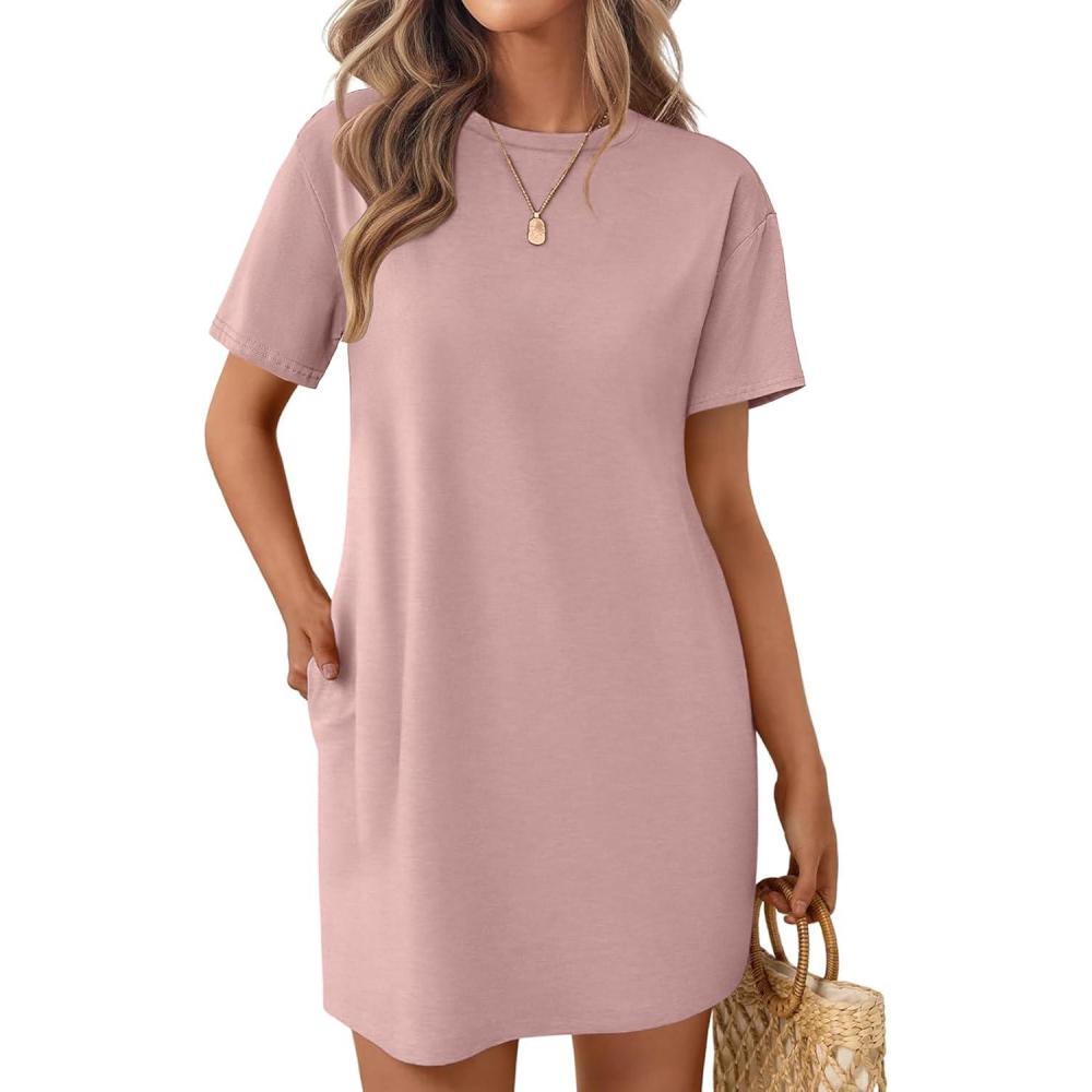 imageEkouaer Nightgowns for Women Cotton Sleep Shirts Tshirt Nightshirt Casual Sleepdress Pullover Dress with Pockets S3XLLotus Pink
