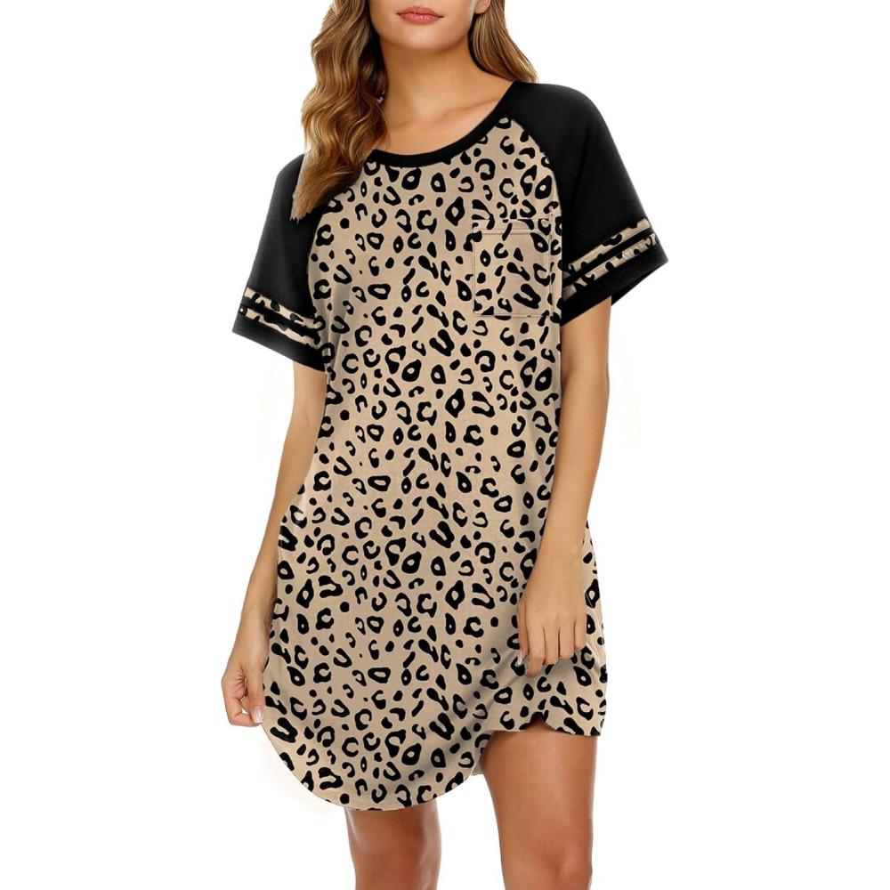 imageEkouaer Nightgowns for Women Short Sleeve Sleepshirts Crew Neck Nightshirts Color Block Pajamas Dress Soft SleepwearLeopard Print
