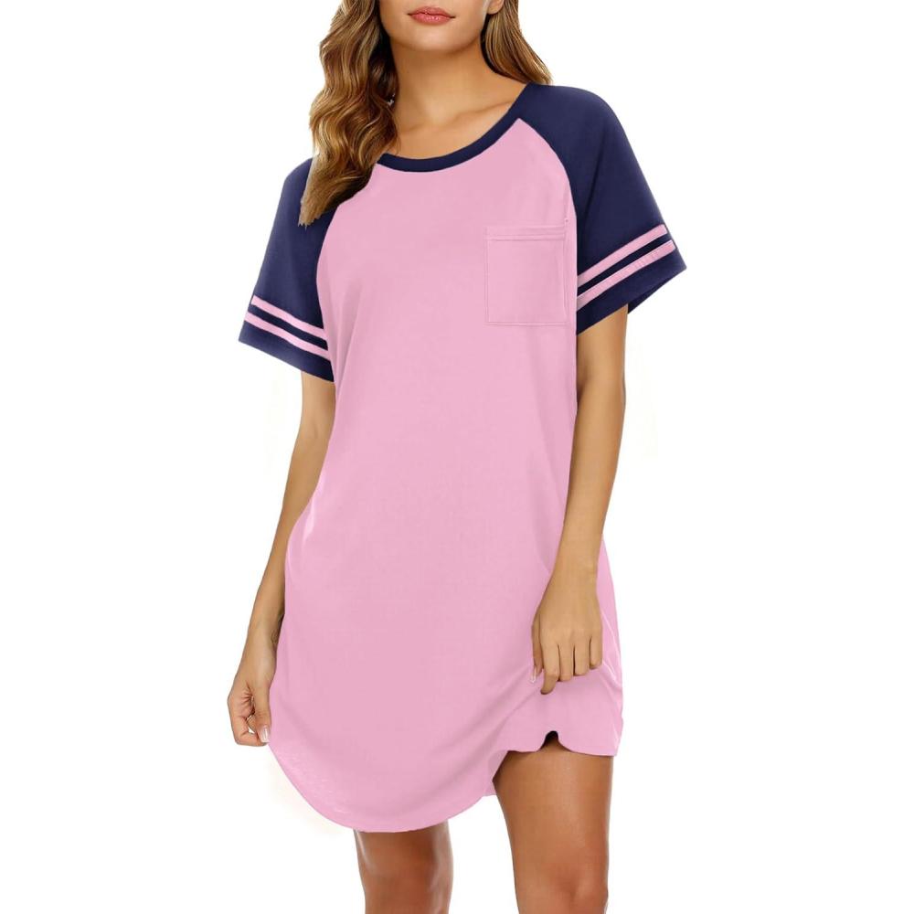 imageEkouaer Nightgowns for Women Short Sleeve Sleepshirts Crew Neck Nightshirts Color Block Pajamas Dress Soft SleepwearLight Pink