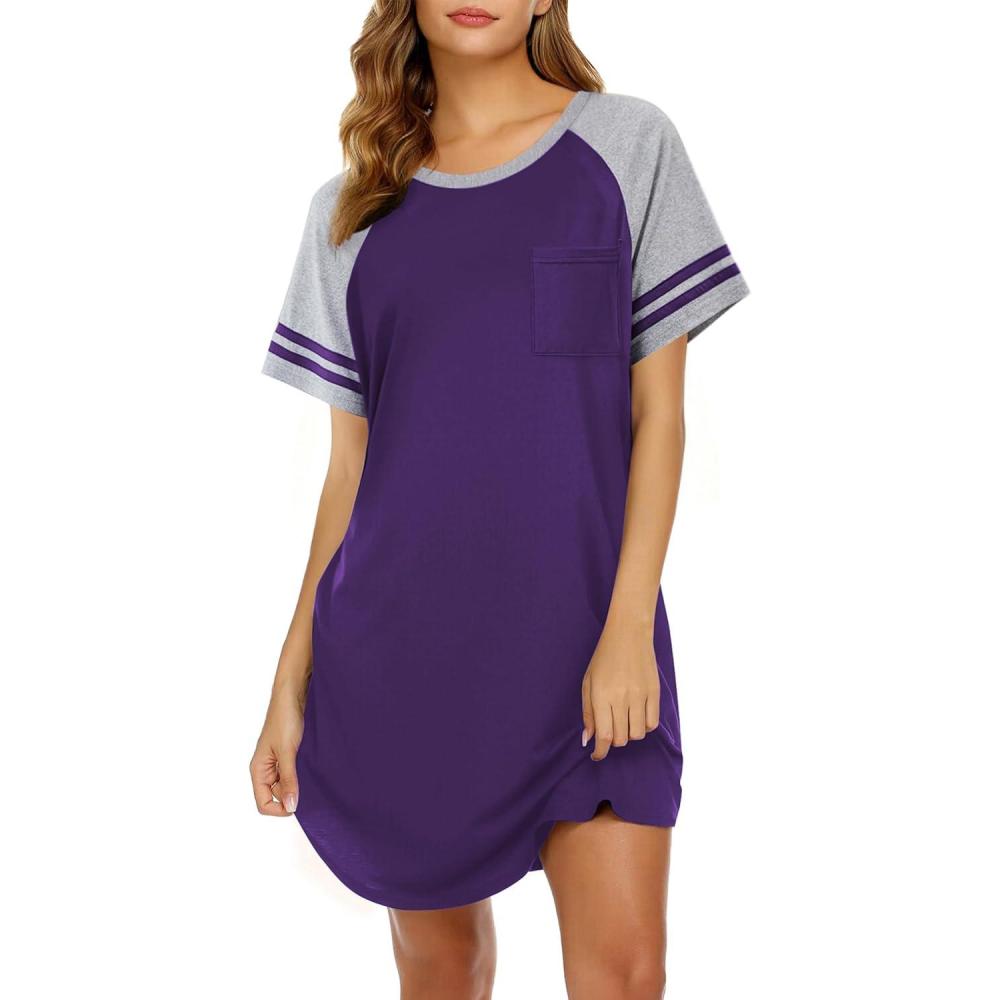 imageEkouaer Nightgowns for Women Short Sleeve Sleepshirts Crew Neck Nightshirts Color Block Pajamas Dress Soft SleepwearPurple