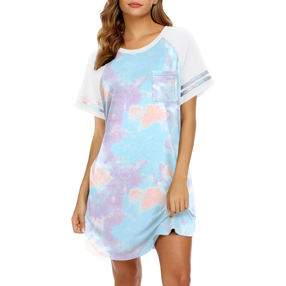 imageEkouaer Nightgowns for Women Short Sleeve Sleepshirts Crew Neck Nightshirts Color Block Pajamas Dress Soft SleepwearPurple Tie Dye
