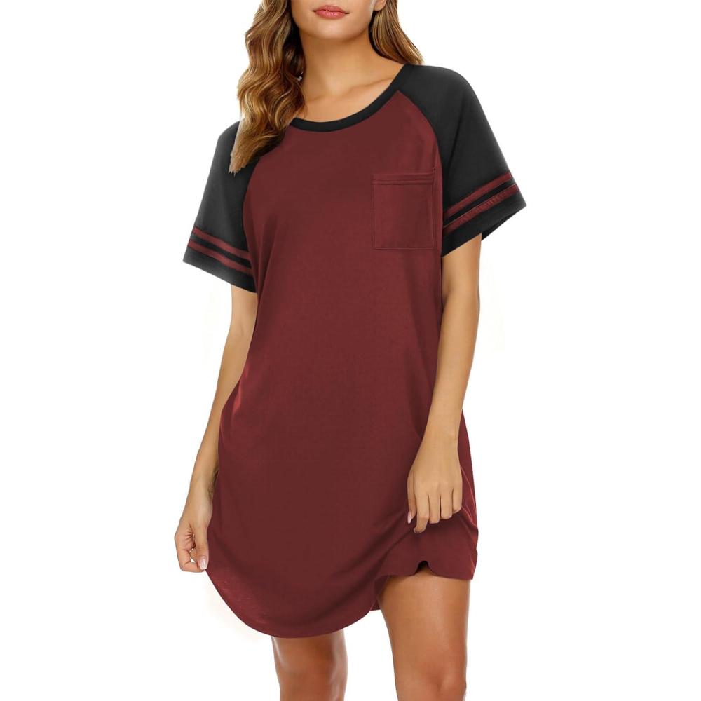 imageEkouaer Nightgowns for Women Short Sleeve Sleepshirts Crew Neck Nightshirts Color Block Pajamas Dress Soft SleepwearWine Red