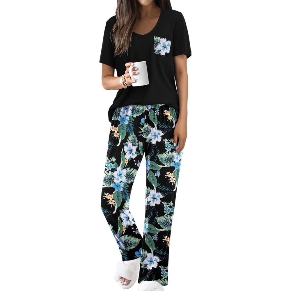 imageEkouaer Pajama Sets for Women Short Sleeve Pj Set V Neck Sleepwear Chest Pocket with Long Pants Casual Loose LoungewearBlackblue Flower
