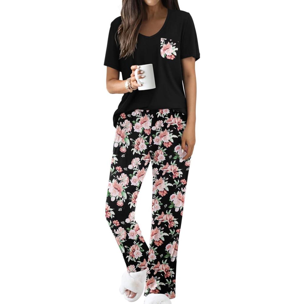 imageEkouaer Pajama Sets for Women Short Sleeve Pj Set V Neck Sleepwear Chest Pocket with Long Pants Casual Loose LoungewearBlackpink Flower