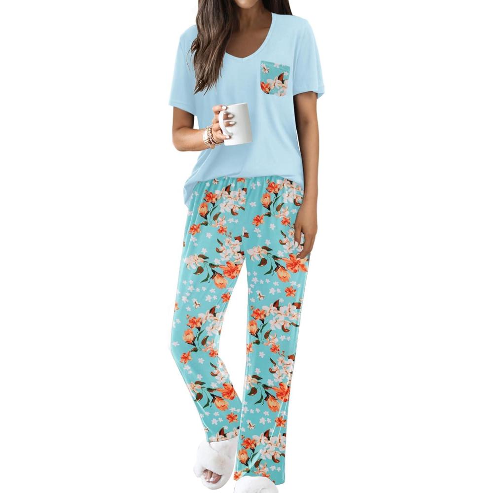 imageEkouaer Pajama Sets for Women Short Sleeve Pj Set V Neck Sleepwear Chest Pocket with Long Pants Casual Loose LoungewearBluegreen Flower