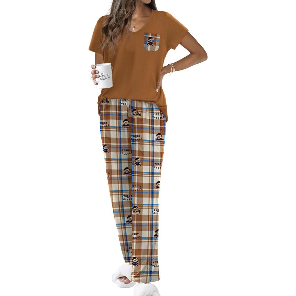 imageEkouaer Pajama Sets for Women Short Sleeve Pj Set V Neck Sleepwear Chest Pocket with Long Pants Casual Loose LoungewearBrown Bear
