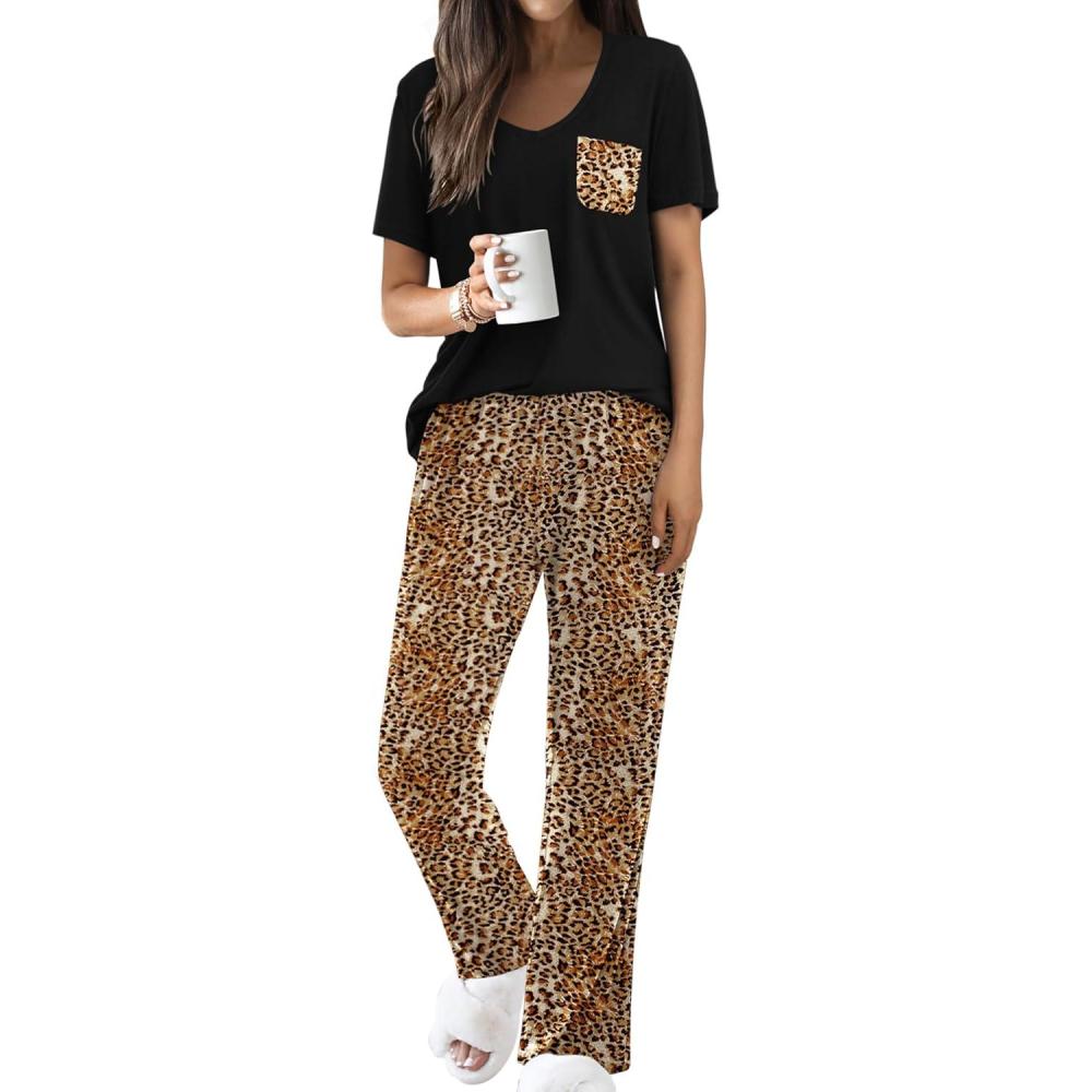 imageEkouaer Pajama Sets for Women Short Sleeve Pj Set V Neck Sleepwear Chest Pocket with Long Pants Casual Loose LoungewearLeopard Brown