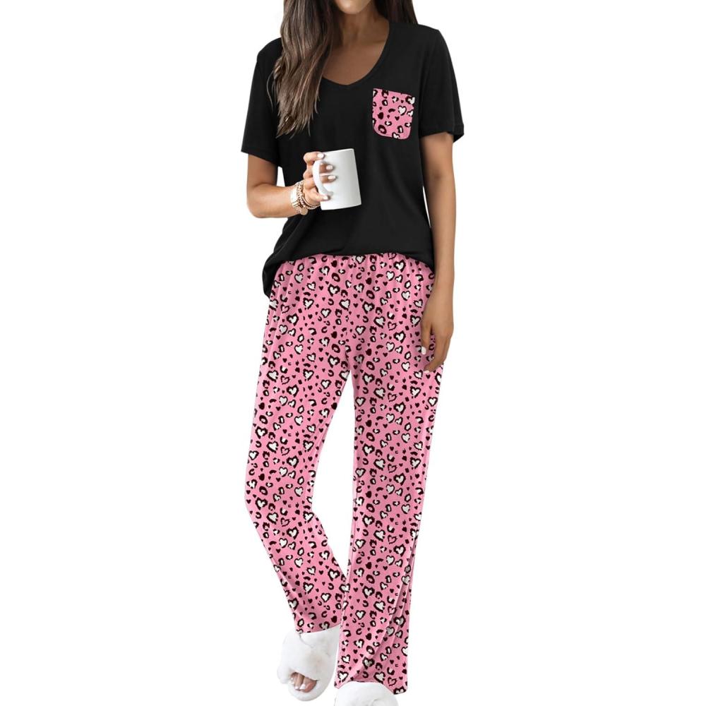 imageEkouaer Pajama Sets for Women Short Sleeve Pj Set V Neck Sleepwear Chest Pocket with Long Pants Casual Loose LoungewearLeopard Pink Love