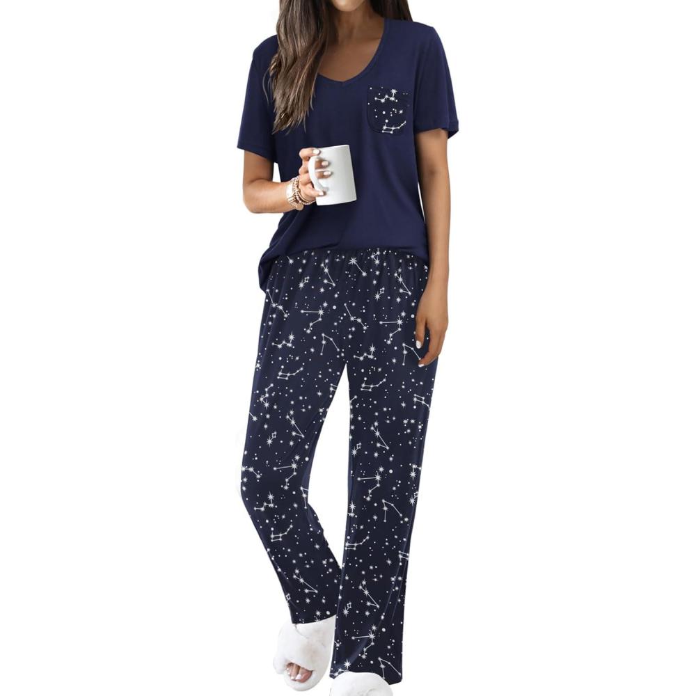imageEkouaer Pajama Sets for Women Short Sleeve Pj Set V Neck Sleepwear Chest Pocket with Long Pants Casual Loose LoungewearNavy Starry Sky