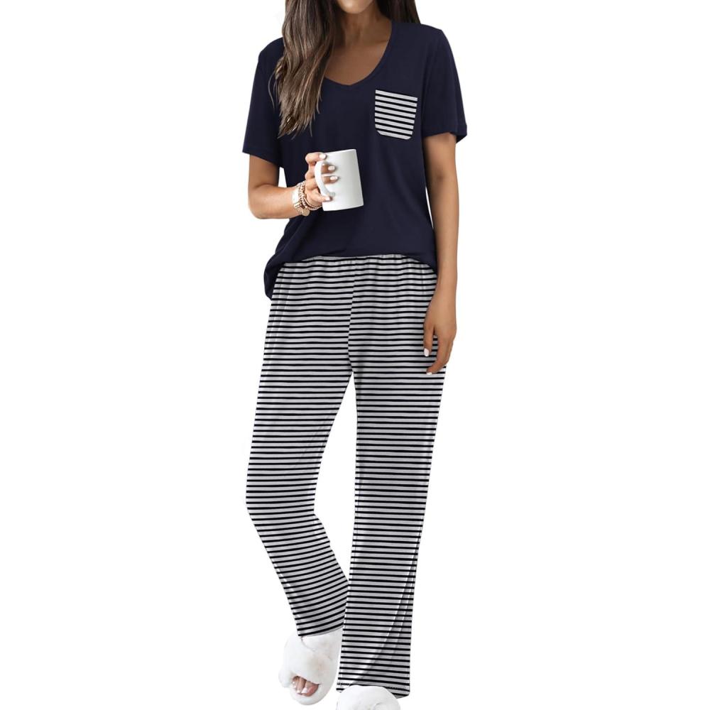 imageEkouaer Pajama Sets for Women Short Sleeve Pj Set V Neck Sleepwear Chest Pocket with Long Pants Casual Loose LoungewearNavy Striped