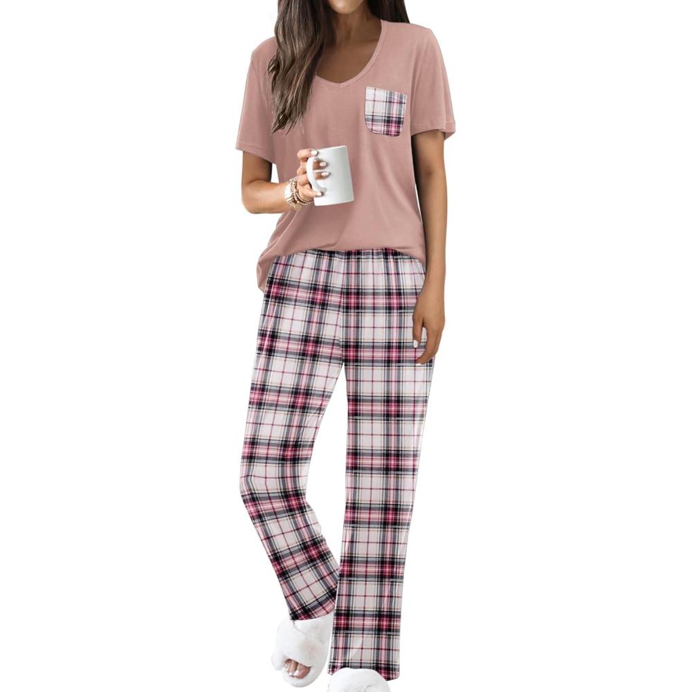 imageEkouaer Pajama Sets for Women Short Sleeve Pj Set V Neck Sleepwear Chest Pocket with Long Pants Casual Loose LoungewearPink Plaid