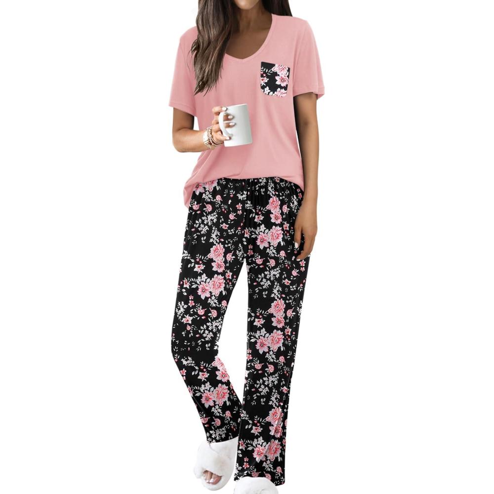 imageEkouaer Pajama Sets for Women Short Sleeve Pj Set V Neck Sleepwear Chest Pocket with Long Pants Casual Loose LoungewearPinkblack Flower