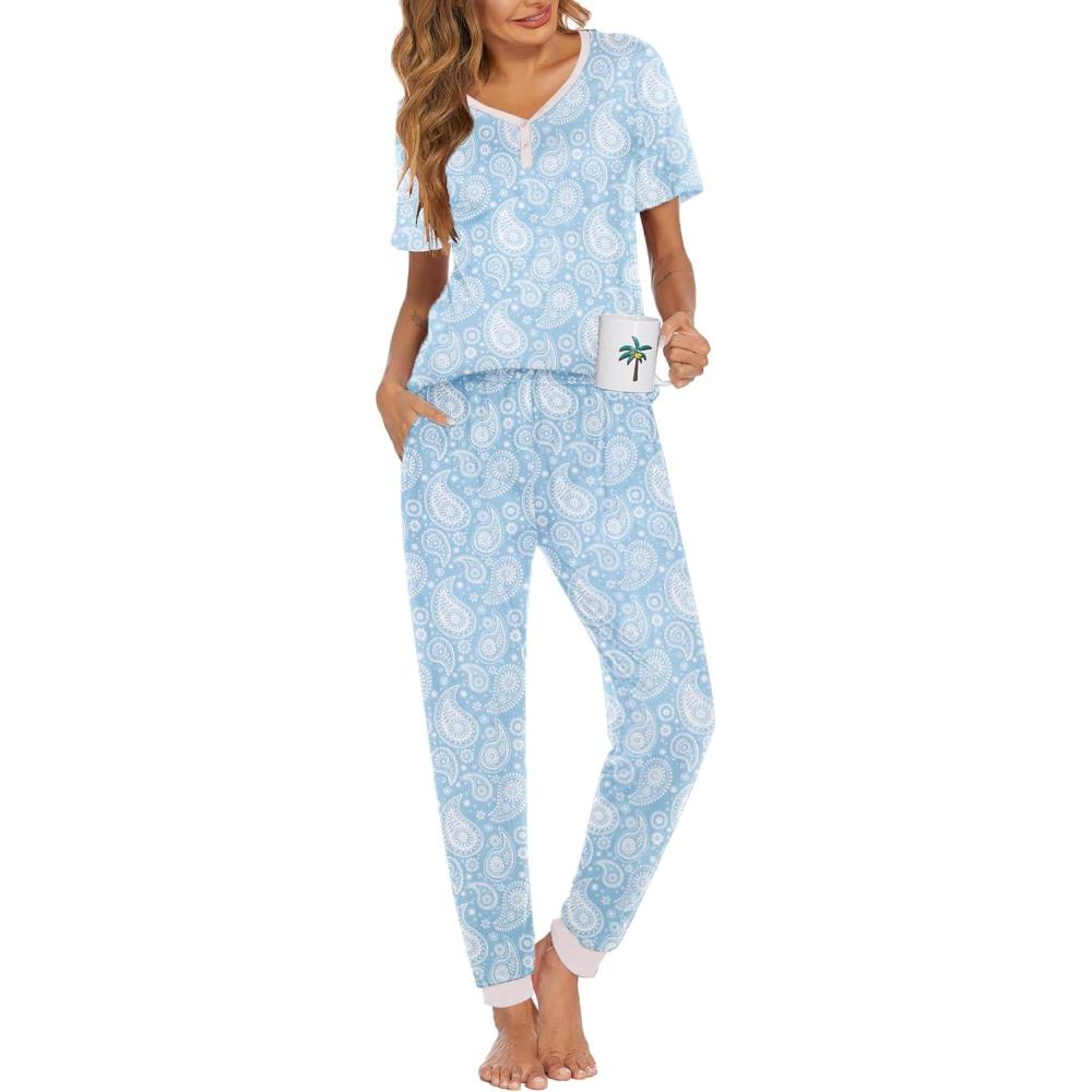 imageEkouaer Pajamas for Women Set 2 Piece Lounge Set Short Sleeve Pjs Joggers Long Pants Sleepwear with PocketsBlue Cashew