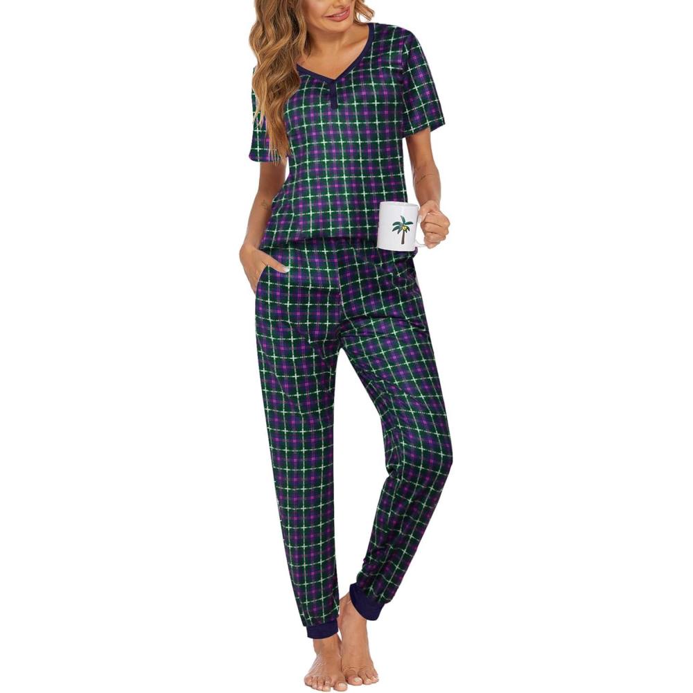 imageEkouaer Pajamas for Women Set 2 Piece Lounge Set Short Sleeve Pjs Joggers Long Pants Sleepwear with PocketsBlue Purple Plaid