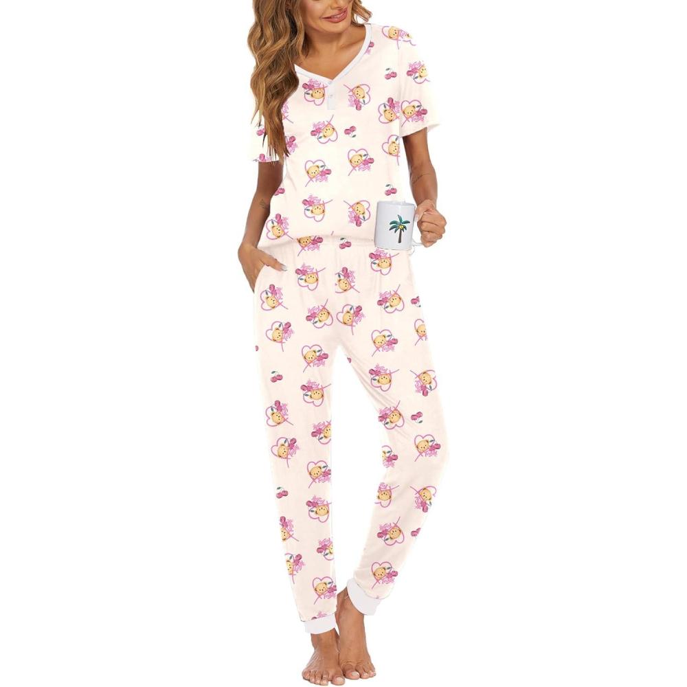 imageEkouaer Pajamas for Women Set 2 Piece Lounge Set Short Sleeve Pjs Joggers Long Pants Sleepwear with PocketsChampagne Teddy
