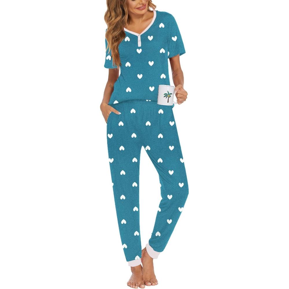 imageEkouaer Pajamas for Women Set 2 Piece Lounge Set Short Sleeve Pjs Joggers Long Pants Sleepwear with PocketsGreen Heart