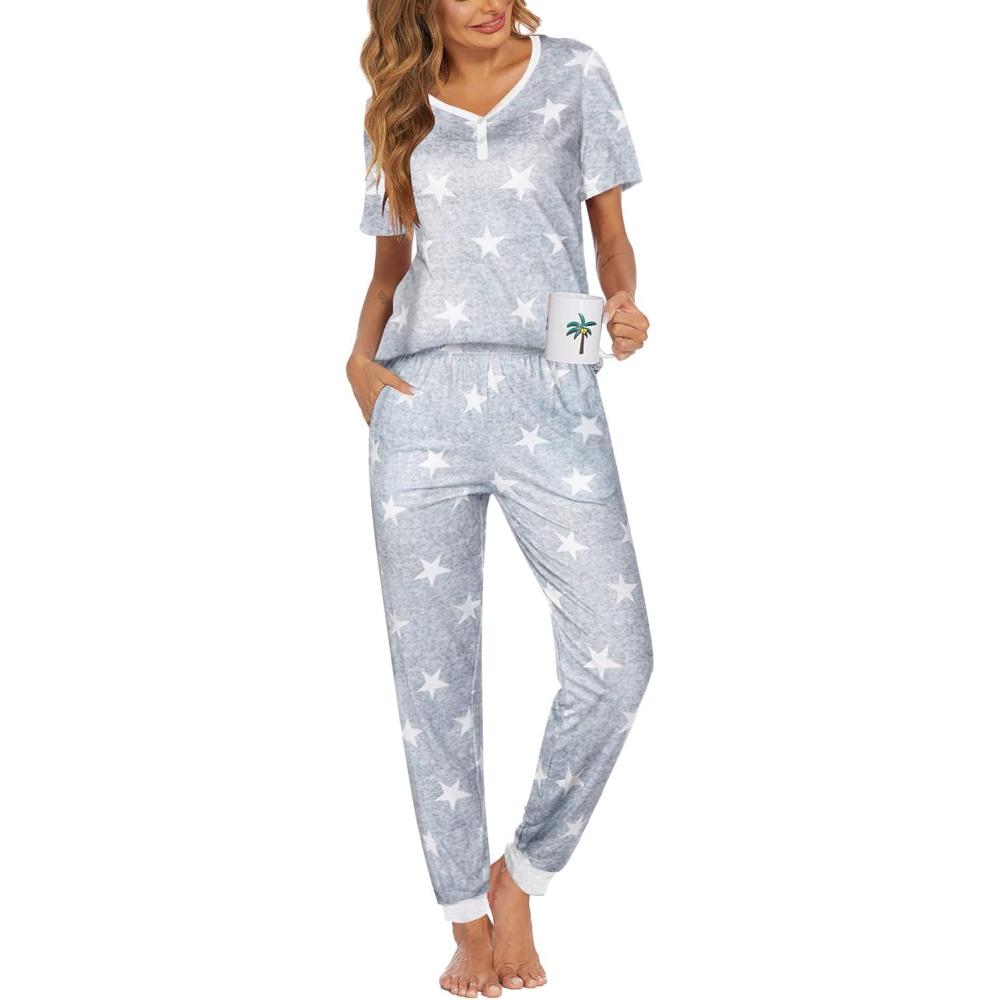 imageEkouaer Pajamas for Women Set 2 Piece Lounge Set Short Sleeve Pjs Joggers Long Pants Sleepwear with PocketsLight Gray Star