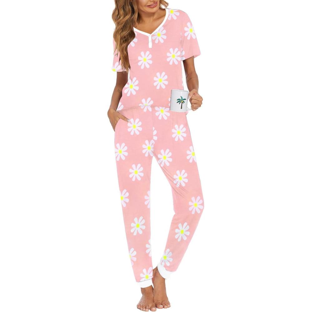 imageEkouaer Pajamas for Women Set 2 Piece Lounge Set Short Sleeve Pjs Joggers Long Pants Sleepwear with PocketsPink Flower