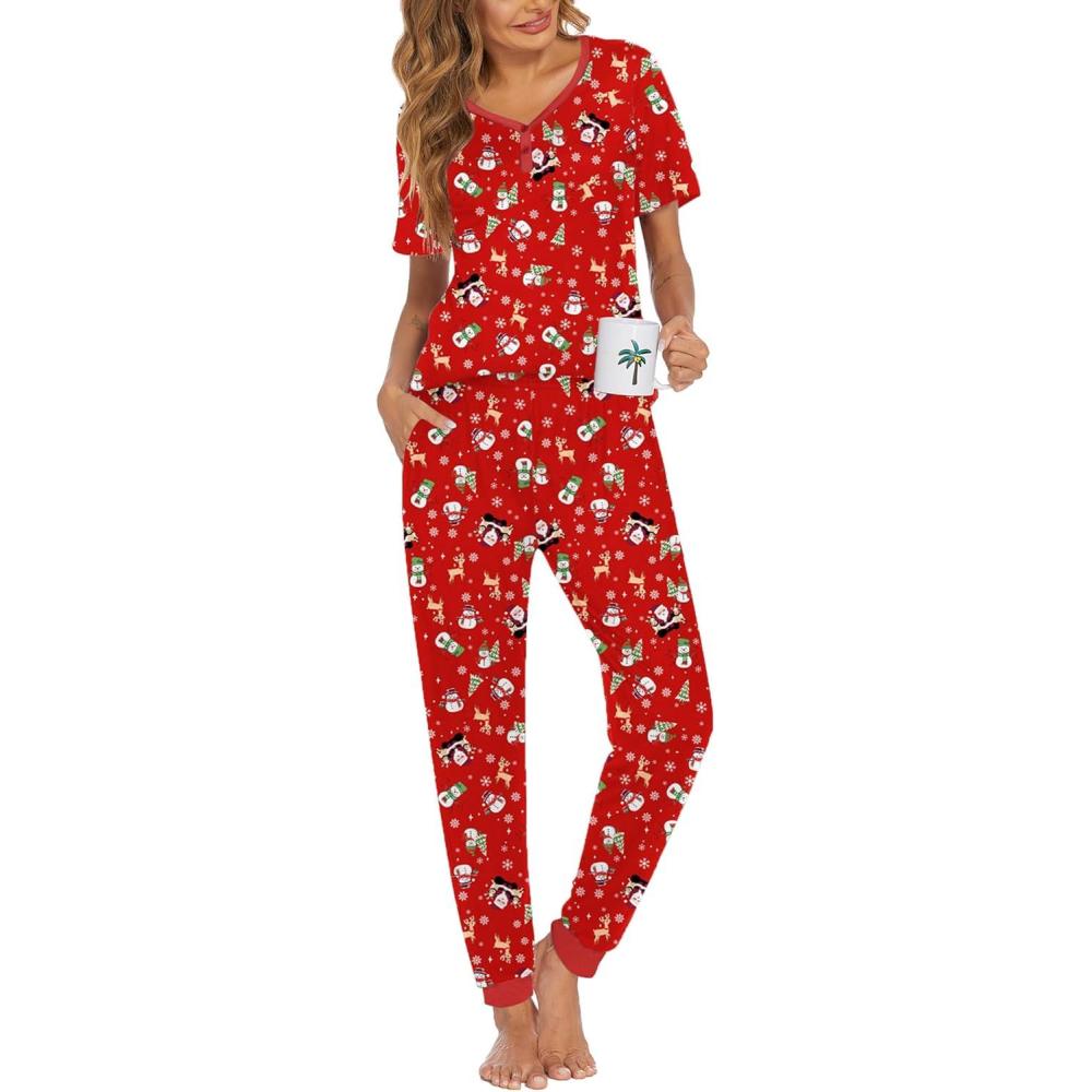 imageEkouaer Pajamas for Women Set 2 Piece Lounge Set Short Sleeve Pjs Joggers Long Pants Sleepwear with PocketsRed Christmas