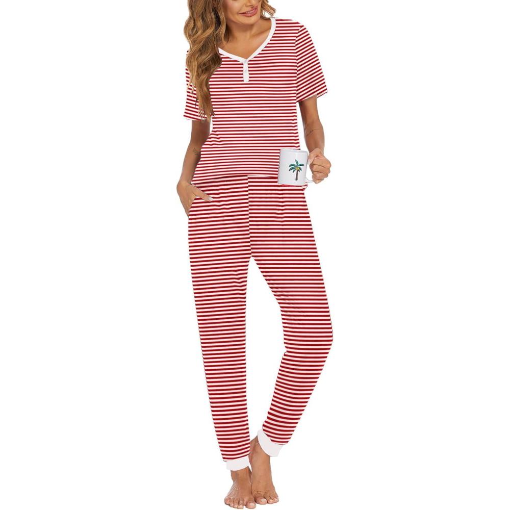 imageEkouaer Pajamas for Women Set 2 Piece Lounge Set Short Sleeve Pjs Joggers Long Pants Sleepwear with PocketsRed Stripe