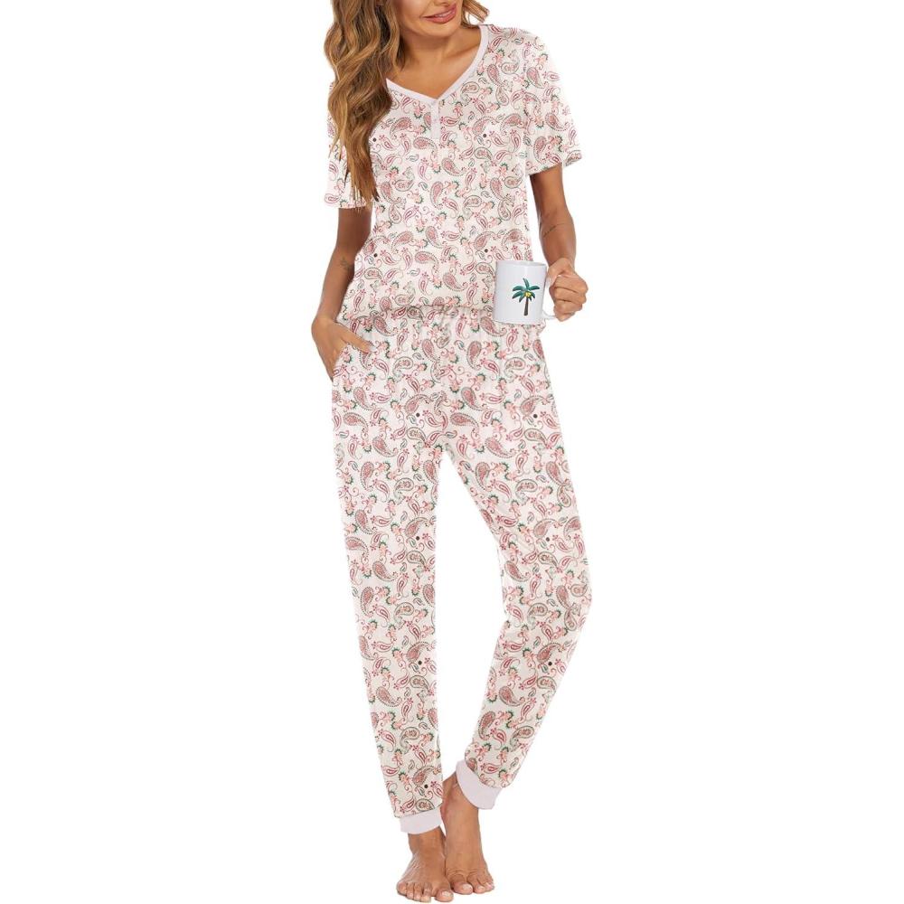 imageEkouaer Pajamas for Women Set 2 Piece Lounge Set Short Sleeve Pjs Joggers Long Pants Sleepwear with PocketsWhite Apricot Cashew
