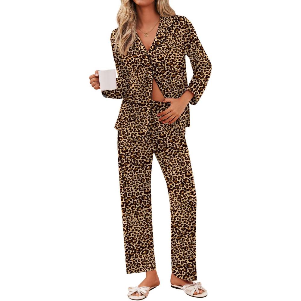 imageEkouaer Pajamas for Women Set Button Down Pj Long Sleeve Shirt and Pants Lounge Sets Fall Sleepwear with Pockets01 Tawny Cheetah