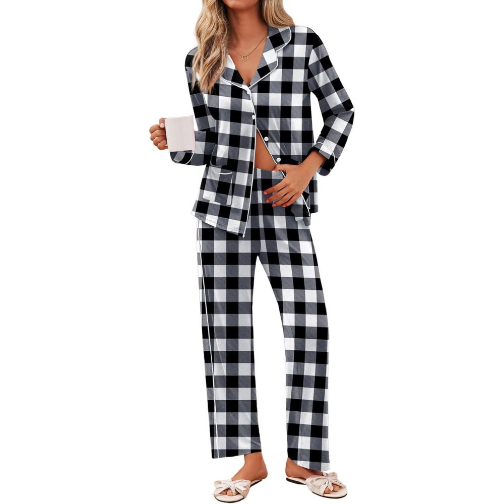 imageEkouaer Pajamas for Women Set Button Down Pj Long Sleeve Shirt and Pants Lounge Sets Fall Sleepwear with PocketsBlack Plaid