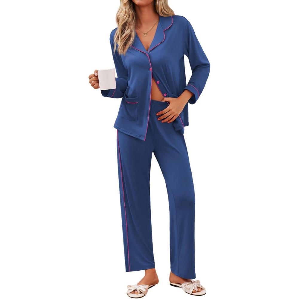 imageEkouaer Pajamas for Women Set Button Down Pj Long Sleeve Shirt and Pants Lounge Sets Fall Sleepwear with PocketsNavy