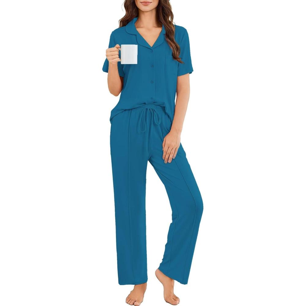 imageEkouaer Pajamas for Women Set Button Up Sleepswear 2 Piece Short Sleeve PJ Top and Long Pants Loungwear With Pocket SXXLBlue Green