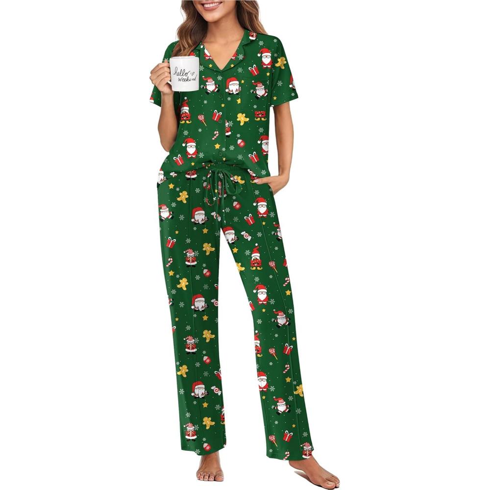 imageEkouaer Pajamas for Women Set Button Up Sleepswear 2 Piece Short Sleeve PJ Top and Long Pants Loungwear With Pocket SXXLGreen Santa Claus