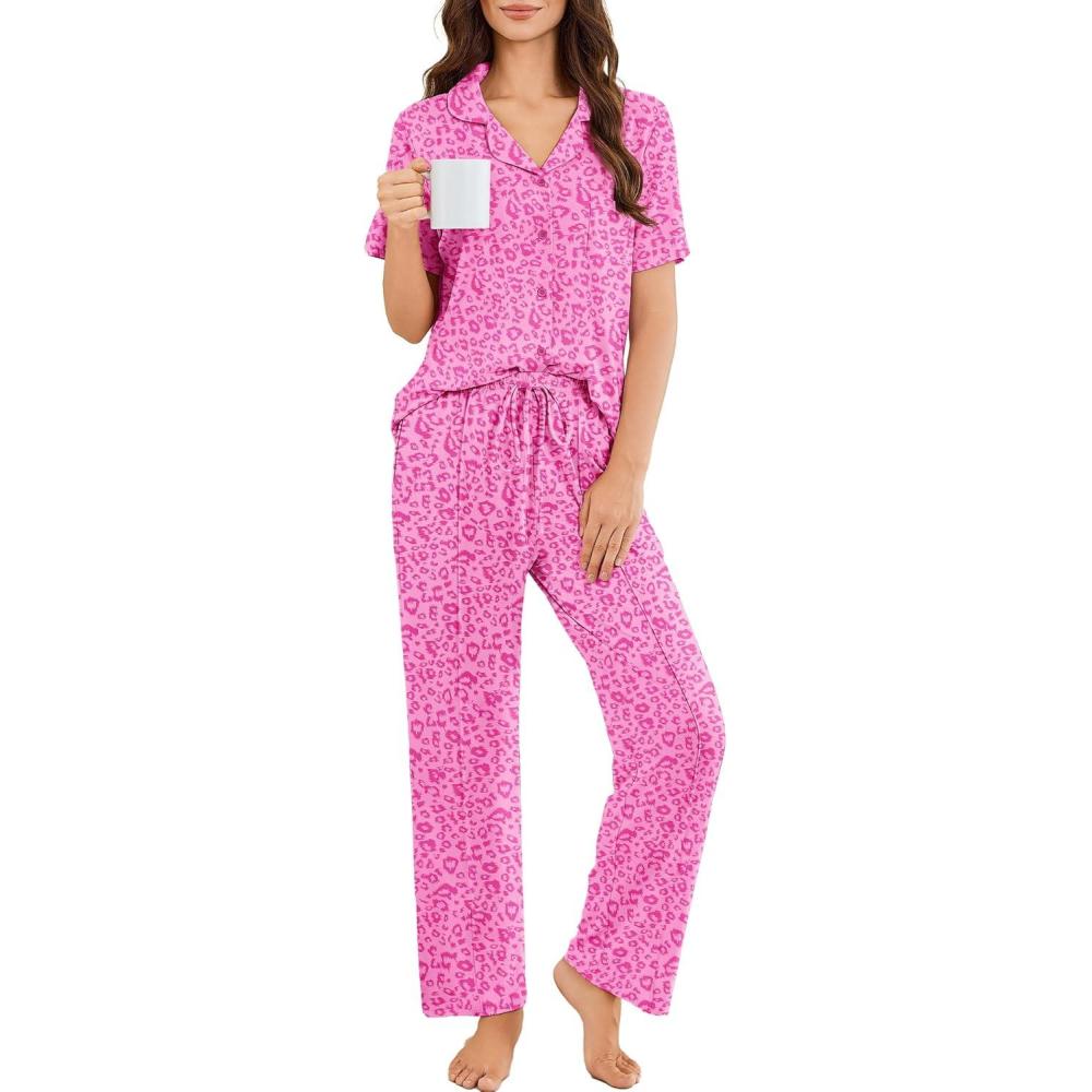 imageEkouaer Pajamas for Women Set Button Up Sleepswear 2 Piece Short Sleeve PJ Top and Long Pants Loungwear With Pocket SXXLHot Pink Leopard Print