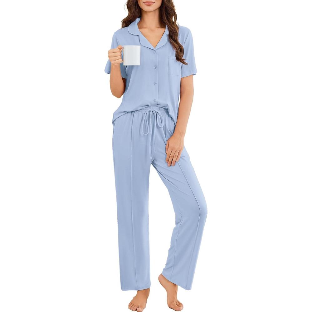 imageEkouaer Pajamas for Women Set Button Up Sleepswear 2 Piece Short Sleeve PJ Top and Long Pants Loungwear With Pocket SXXLLight Blue