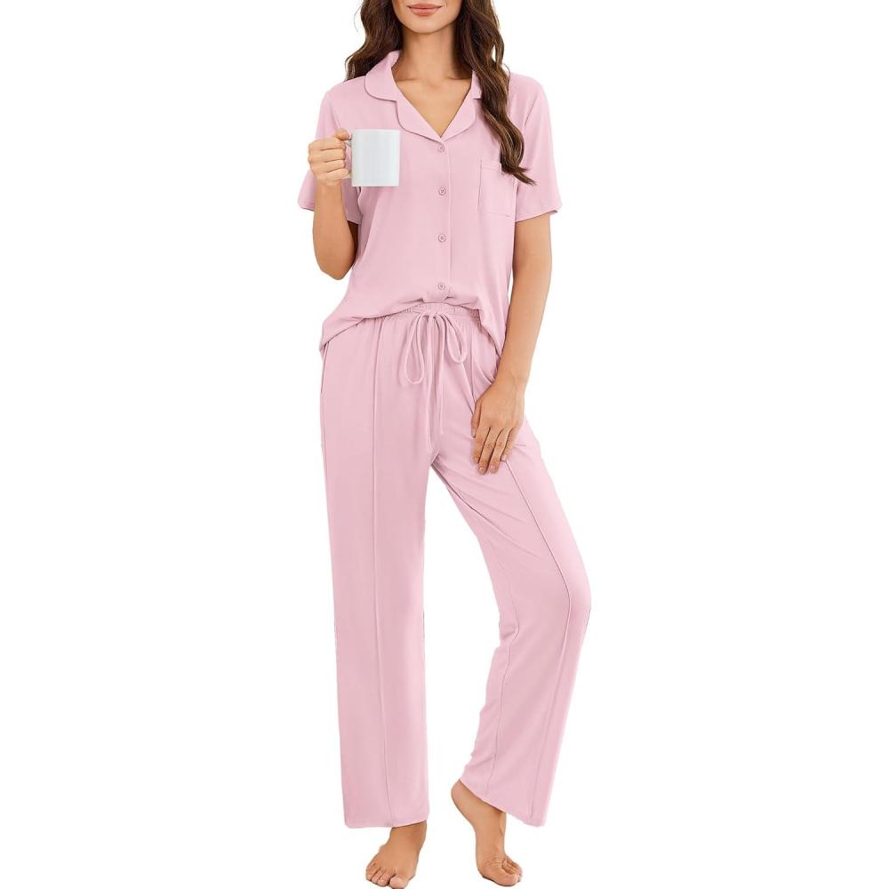 imageEkouaer Pajamas for Women Set Button Up Sleepswear 2 Piece Short Sleeve PJ Top and Long Pants Loungwear With Pocket SXXLPink