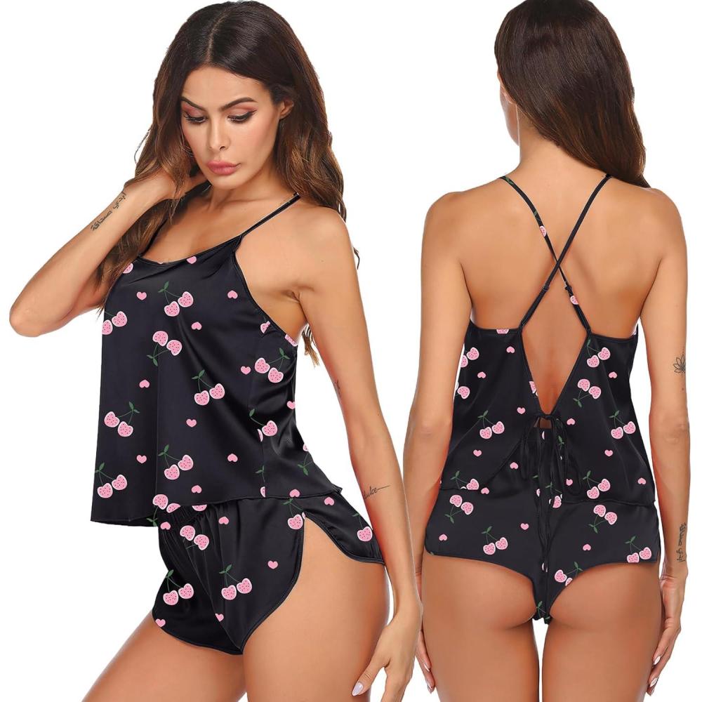 imageEkouaer Silk Pajamas Set for Women Satin Backless Lingerie Pjs Cami Top and Shorts NightwearBlack Cherry Print