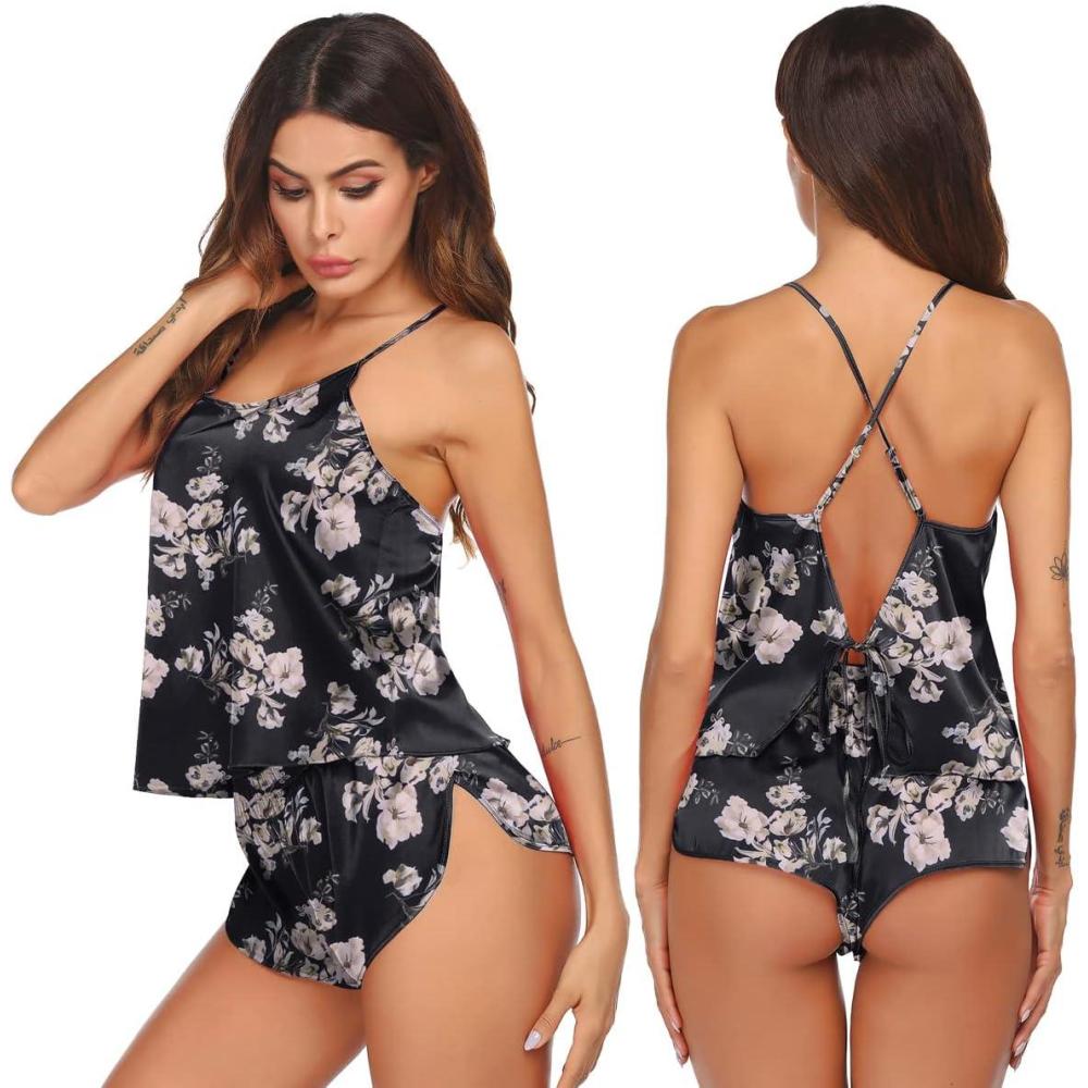 imageEkouaer Silk Pajamas Set for Women Satin Backless Lingerie Pjs Cami Top and Shorts NightwearBlack Flowers