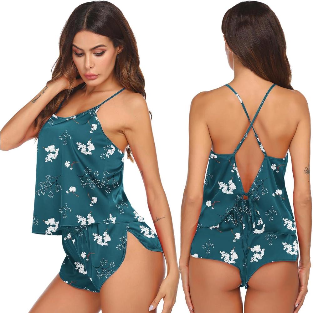 imageEkouaer Silk Pajamas Set for Women Satin Backless Lingerie Pjs Cami Top and Shorts NightwearBlue Green Flowers