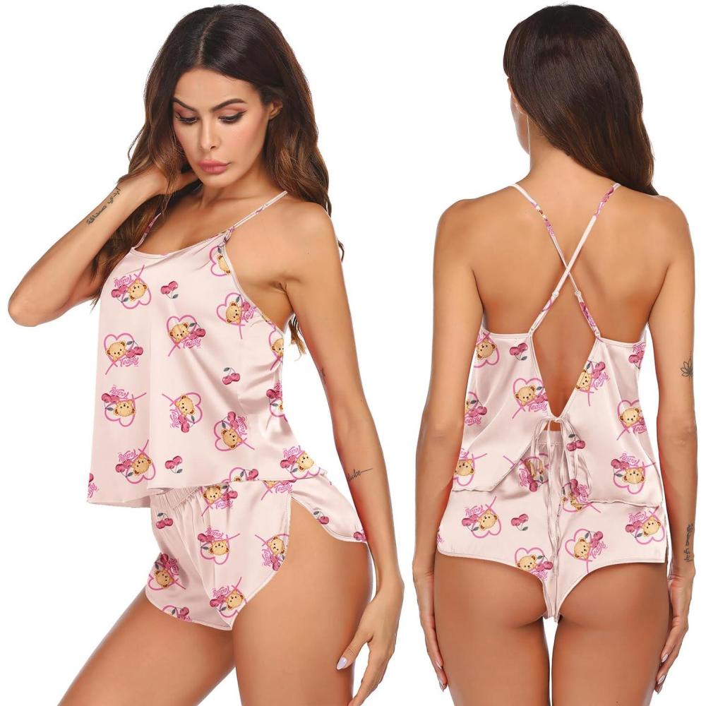 imageEkouaer Silk Pajamas Set for Women Satin Backless Lingerie Pjs Cami Top and Shorts NightwearChampagne Love Teddy