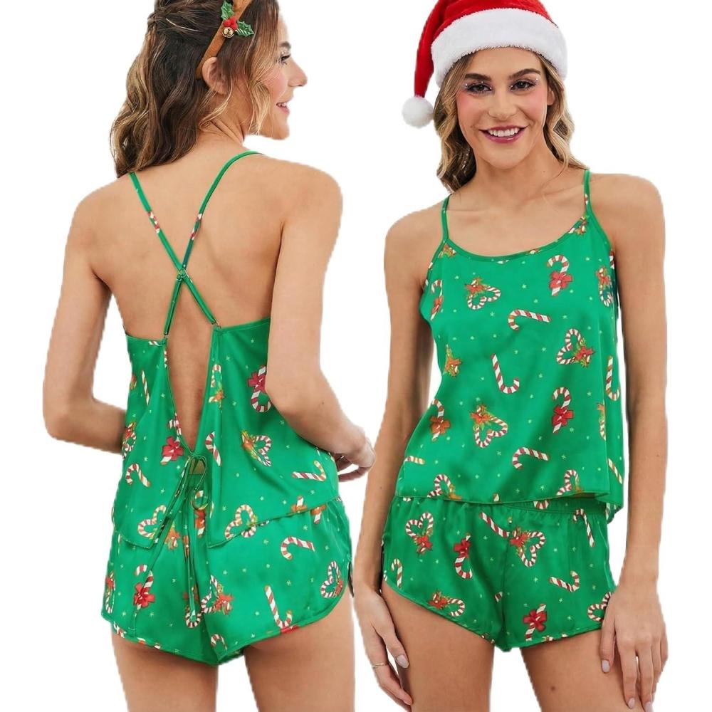 imageEkouaer Silk Pajamas Set for Women Satin Backless Lingerie Pjs Cami Top and Shorts NightwearChristmasgreencandycane
