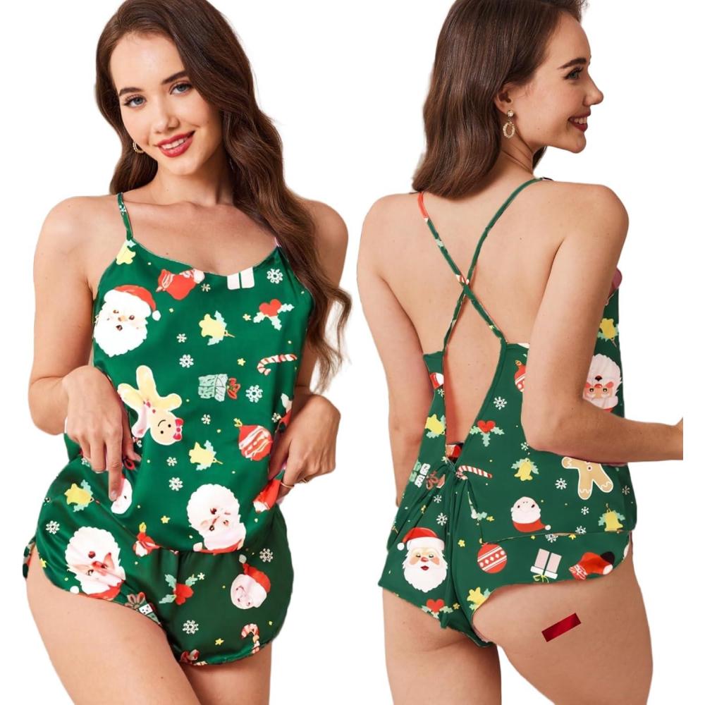 imageEkouaer Silk Pajamas Set for Women Satin Backless Lingerie Pjs Cami Top and Shorts NightwearChristmasgreensatan
