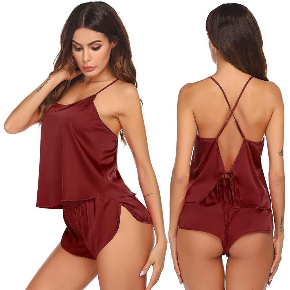 imageEkouaer Silk Pajamas Set for Women Satin Backless Lingerie Pjs Cami Top and Shorts NightwearDark Red