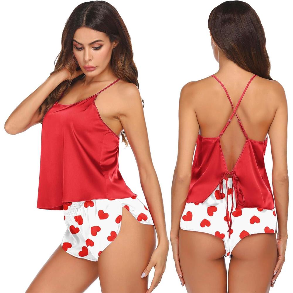 imageEkouaer Silk Pajamas Set for Women Satin Backless Lingerie Pjs Cami Top and Shorts NightwearRed Heart