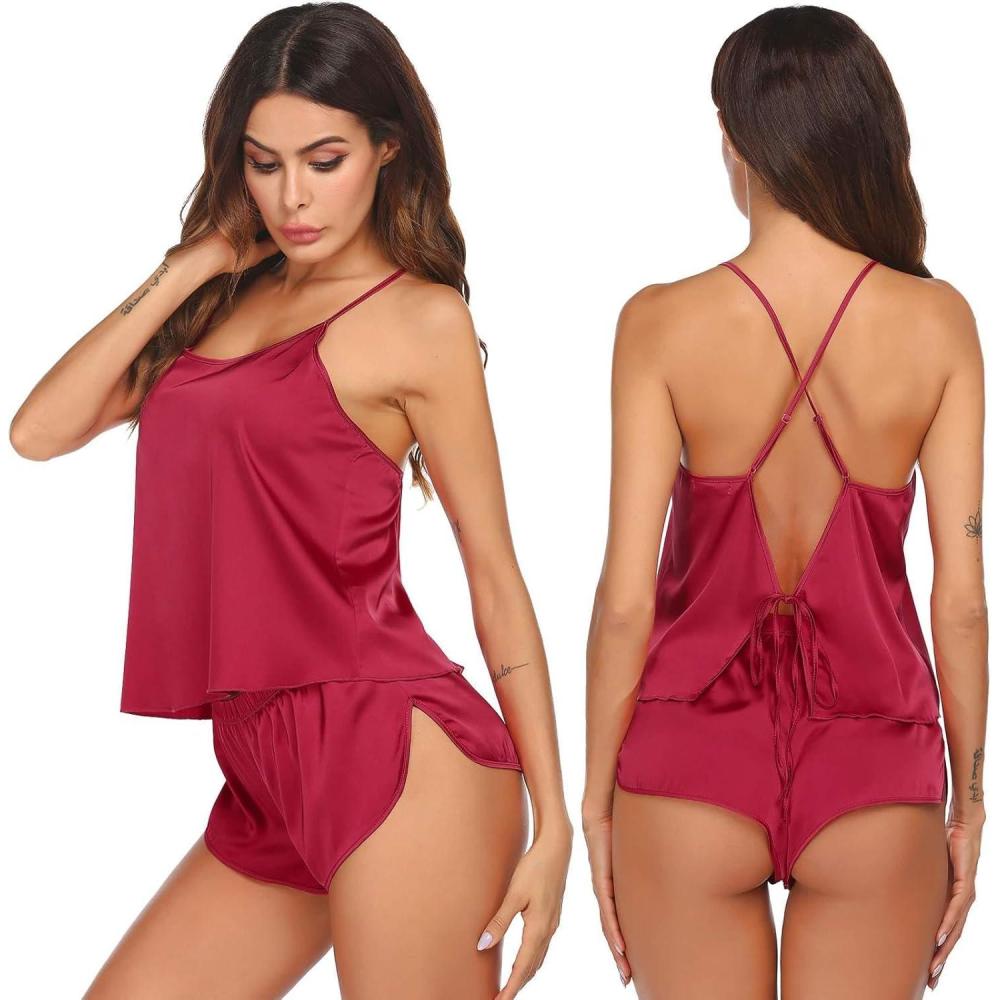 imageEkouaer Silk Pajamas Set for Women Satin Backless Lingerie Pjs Cami Top and Shorts NightwearWine Red