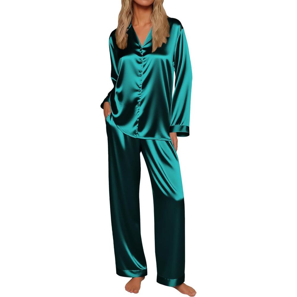 imageEkouaer Silk Satin Pajamas for Women Button Down Pjs Set Long Sleeve Loungewear 2 Piece Wide Leg SleepwearBlue Green