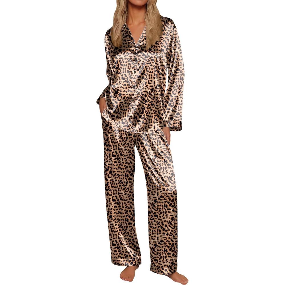 imageEkouaer Silk Satin Pajamas for Women Button Down Pjs Set Long Sleeve Loungewear 2 Piece Wide Leg SleepwearLeopard