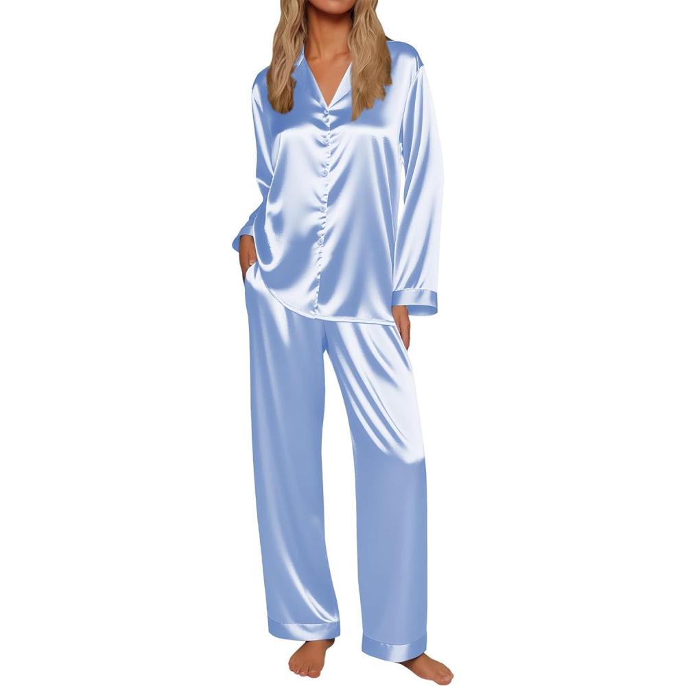 imageEkouaer Silk Satin Pajamas for Women Button Down Pjs Set Long Sleeve Loungewear 2 Piece Wide Leg SleepwearLight Blue