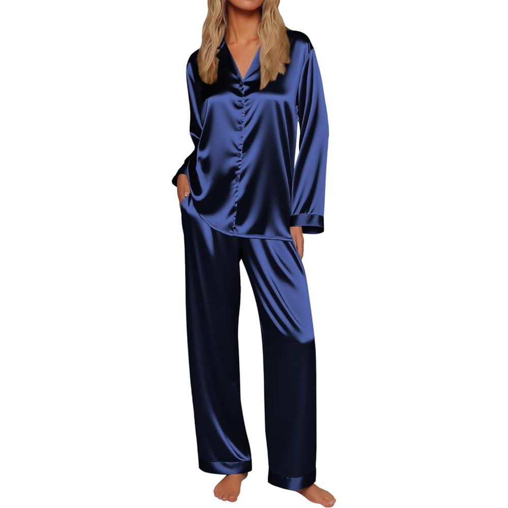 imageEkouaer Silk Satin Pajamas for Women Button Down Pjs Set Long Sleeve Loungewear 2 Piece Wide Leg SleepwearNavy Blue